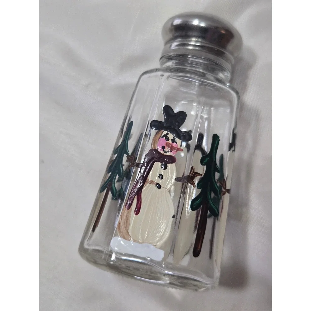 Vintage Hand Painted Snowman Glass Salt and Pepper Shakers Set Winter Christmas